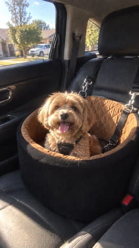 Megan R.'s dog riding in the CozyCopilot seat
